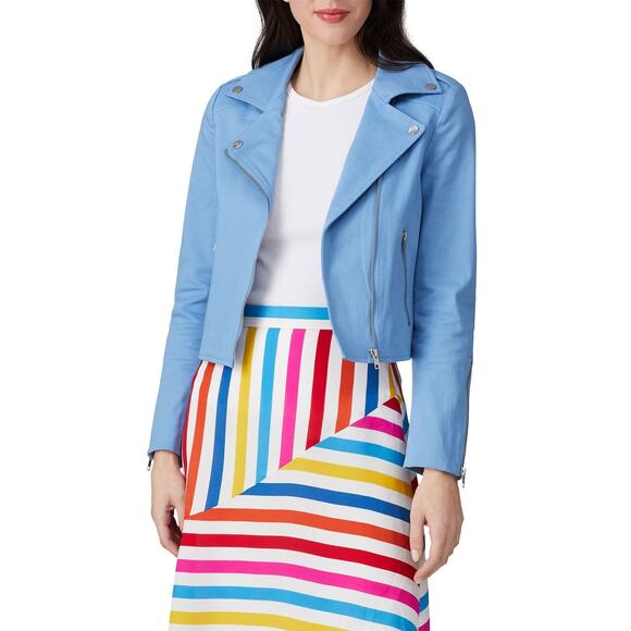 Color Me Courtney Dennis Blue Canvas Crop Biker Moto Jacket Size 4 - Picture 2 of 16